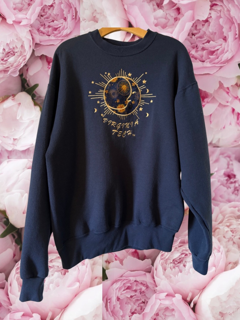 VT Tech Crewneck Sweatshirt Gold Sun Moon Stars Virginia Tech